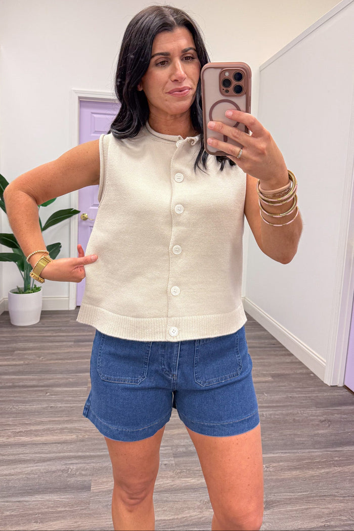 oatmeal beige button front sleeveless sweater vest relaxed silhouette