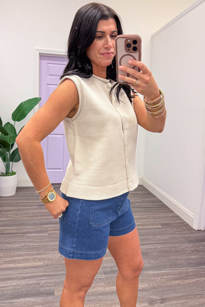 oatmeal beige button front sleeveless sweater vest with crew neckline