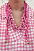 umgee gingham pink midi dress with rope necklace