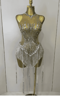 Stacy silver sequin diamond mesh tassel bodysuit for women. Sexy outfit for nightclub, birthday parties, and stage performance wear.