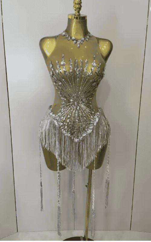 Stacy silver sequin diamond mesh tassel bodysuit for women. Sexy outfit for nightclub, birthday parties, and stage performance wear.