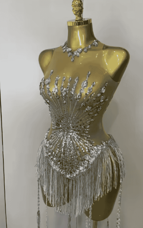 Stacy silver sequin diamond mesh tassel bodysuit for women. Sexy outfit for nightclub, birthday parties, and stage performance wear.