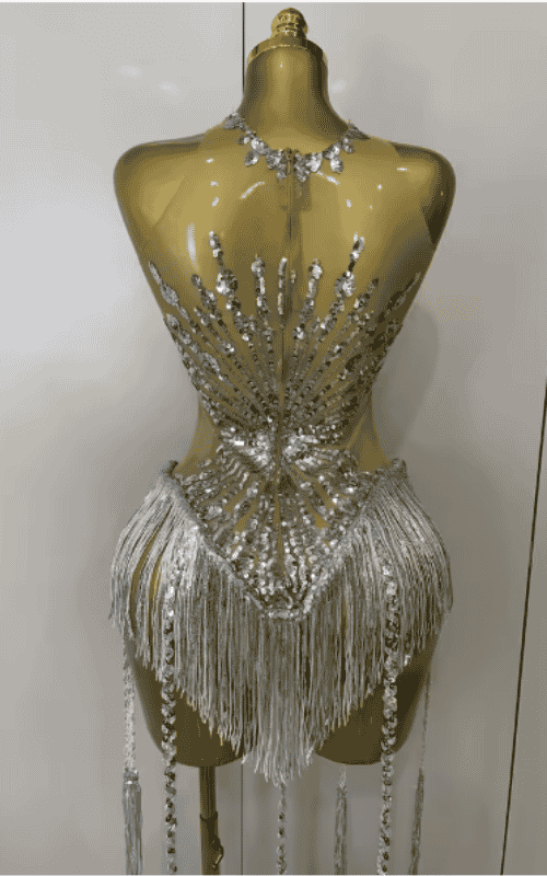 Stacy silver sequin diamond mesh tassel bodysuit for women. Sexy outfit for nightclub, birthday parties, and stage performance wear.