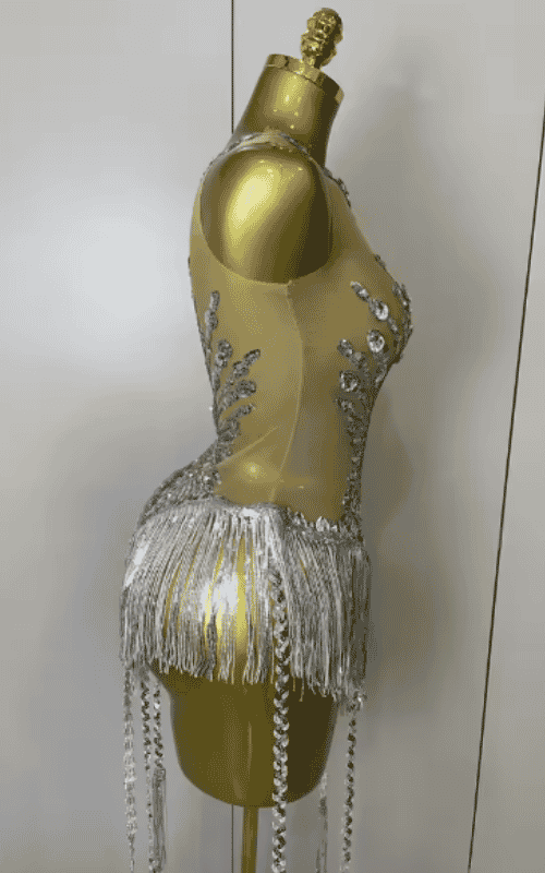 Stacy silver sequin diamond mesh tassel bodysuit for women. Sexy outfit for nightclub, birthday parties, and stage performance wear.