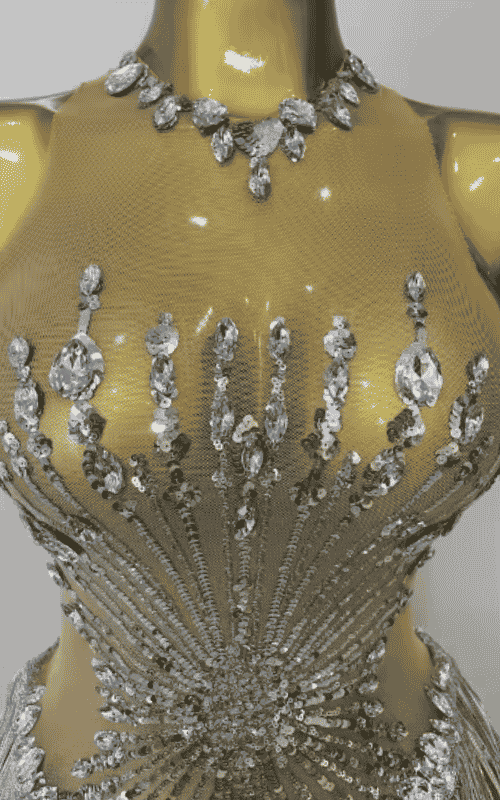 Stacy silver sequin diamond mesh tassel bodysuit for women. Sexy outfit for nightclub, birthday parties, and stage performance wear.
