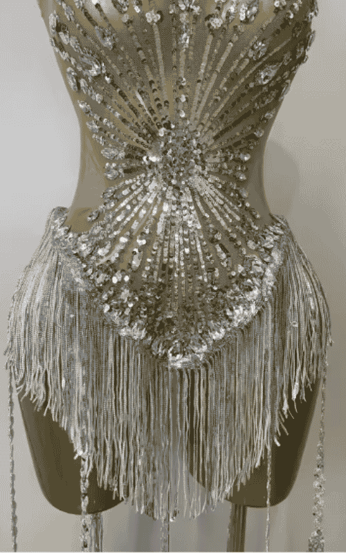 Stacy silver sequin diamond mesh tassel bodysuit for women. Sexy outfit for nightclub, birthday parties, and stage performance wear.