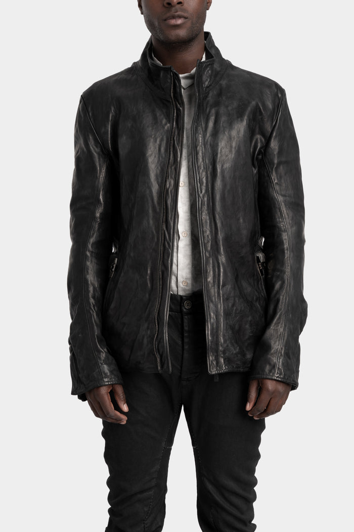 Standing collar double pocket leather jacket
