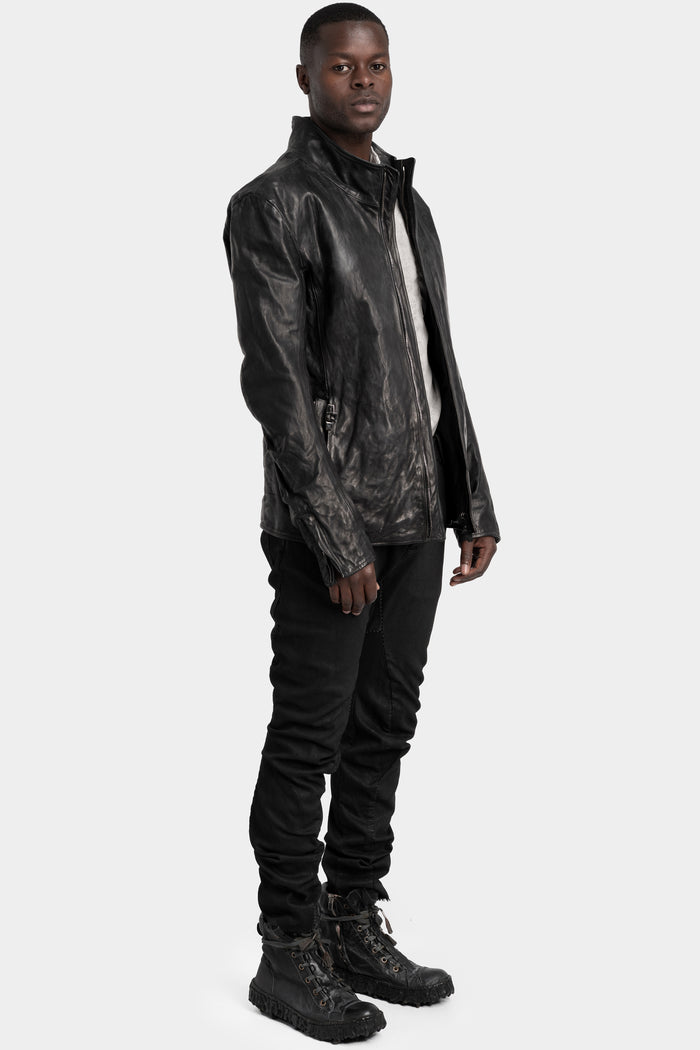 Standing collar double pocket leather jacket