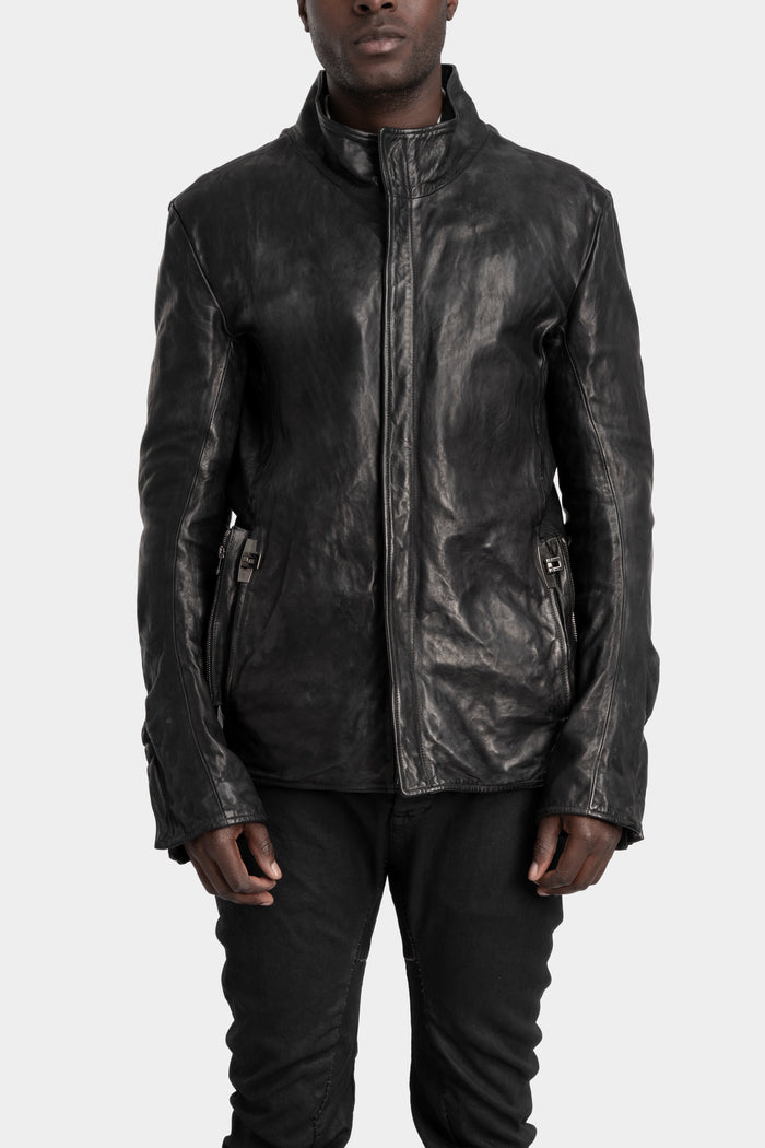 Standing collar double pocket leather jacket