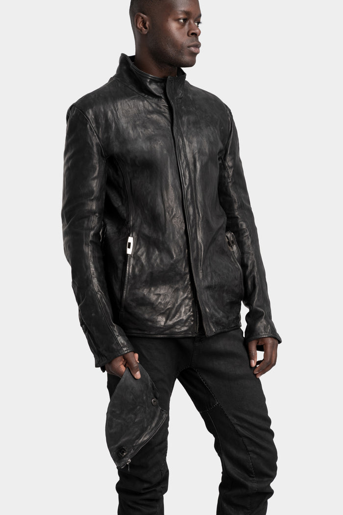 Standing collar double pocket leather jacket