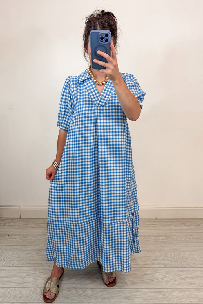 umgee blue gingham midi dress