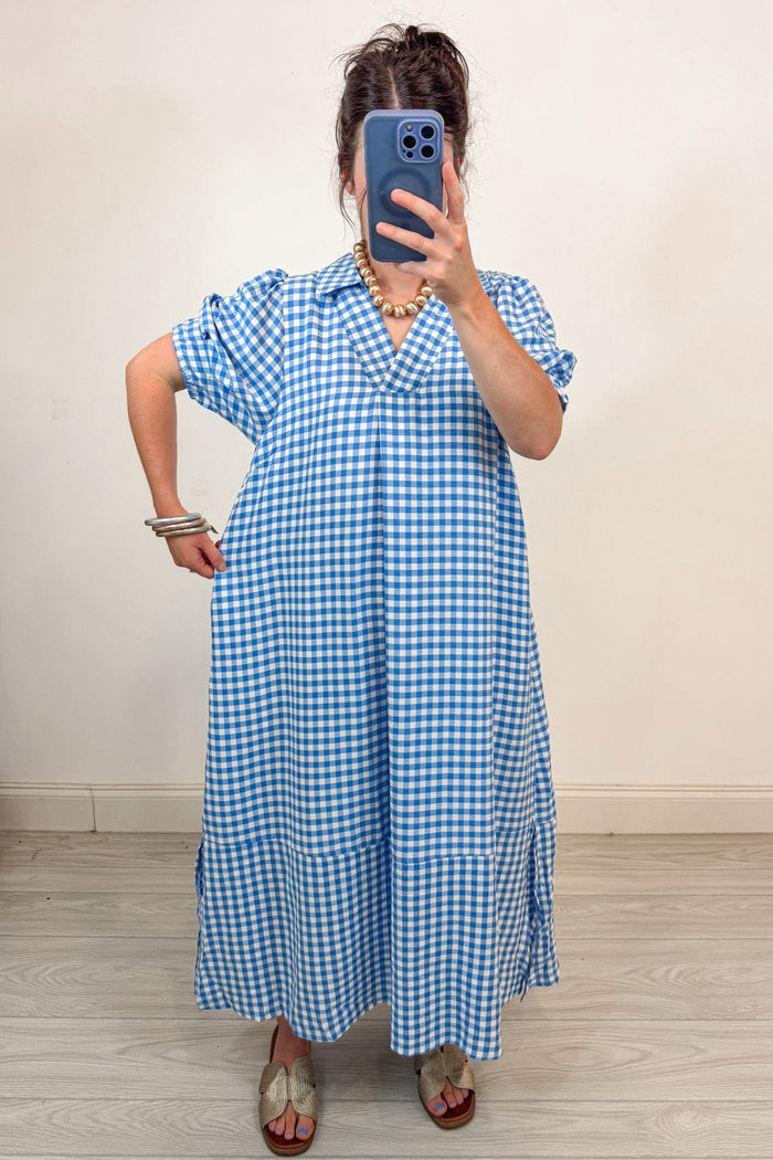 umgee blue gingham maxi dress