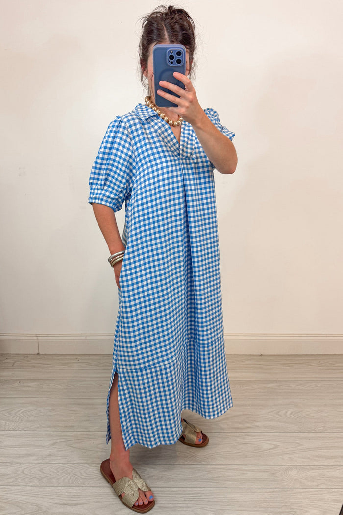 umgee blue gingham dress with pockets