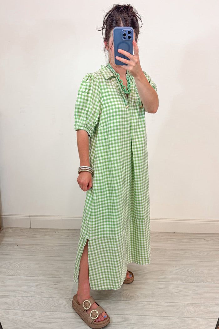 umgee gingham green midi dress with pockets