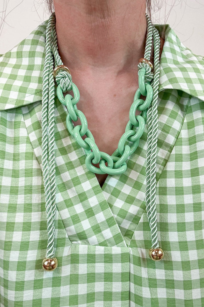 umgee gingham green midi dress with necklace