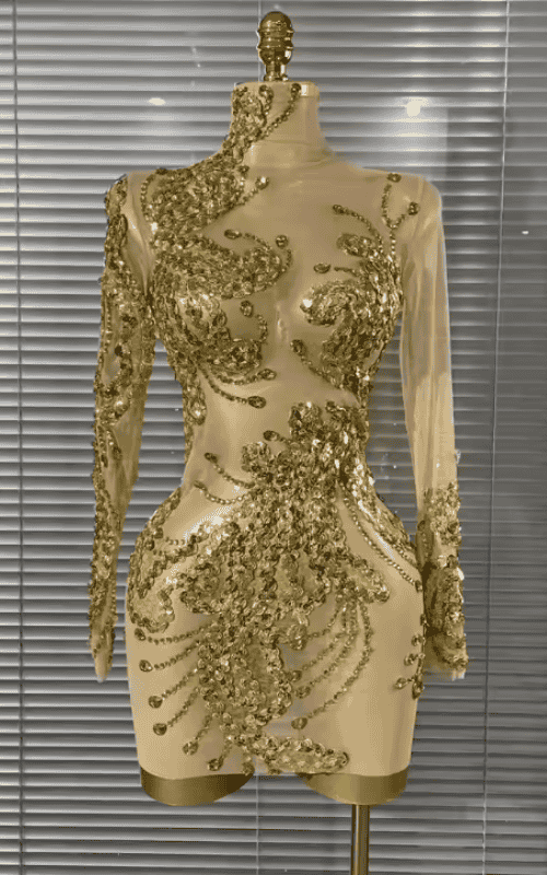 Stephanie Sparkly Golden Crystal Sleeveless O Neck Sheer Mesh Bodycon Mini Dress