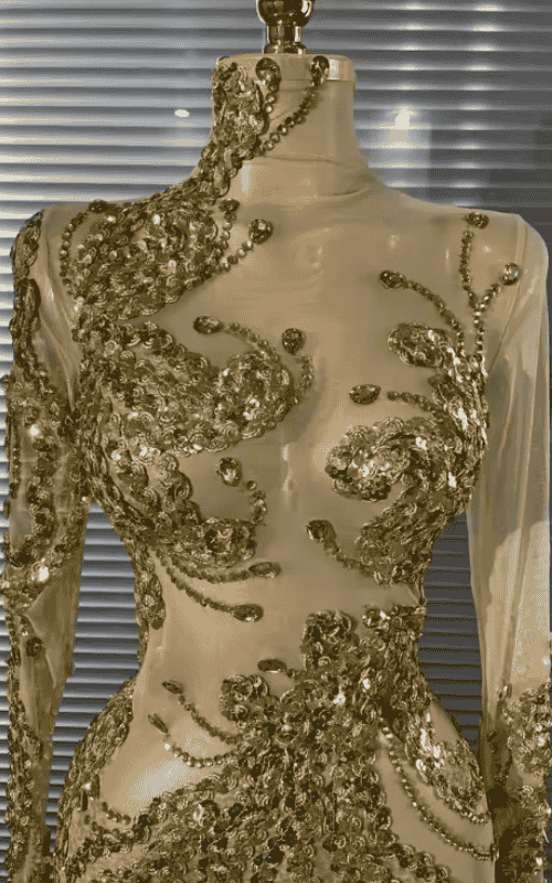 Stephanie Sparkly Golden Crystal Sleeveless O Neck Sheer Mesh Bodycon Mini Dress