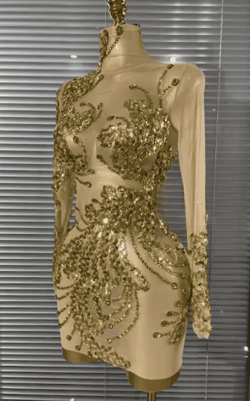 Stephanie Sparkly Golden Crystal Sleeveless O Neck Sheer Mesh Bodycon Mini Dress