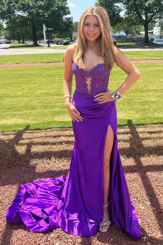 Strapless Sweetheart Beaded Purple Satin Floor Length Sweep Train Prom Dress, Slit