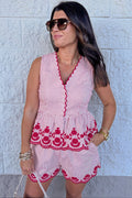 red and cream vertical striped floral embroidery scallop hem peplum top