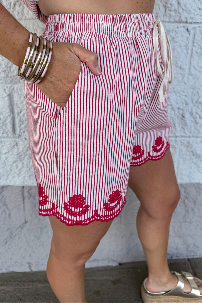 red and cream striped floral embroidery scallop hem shorts with front pockets