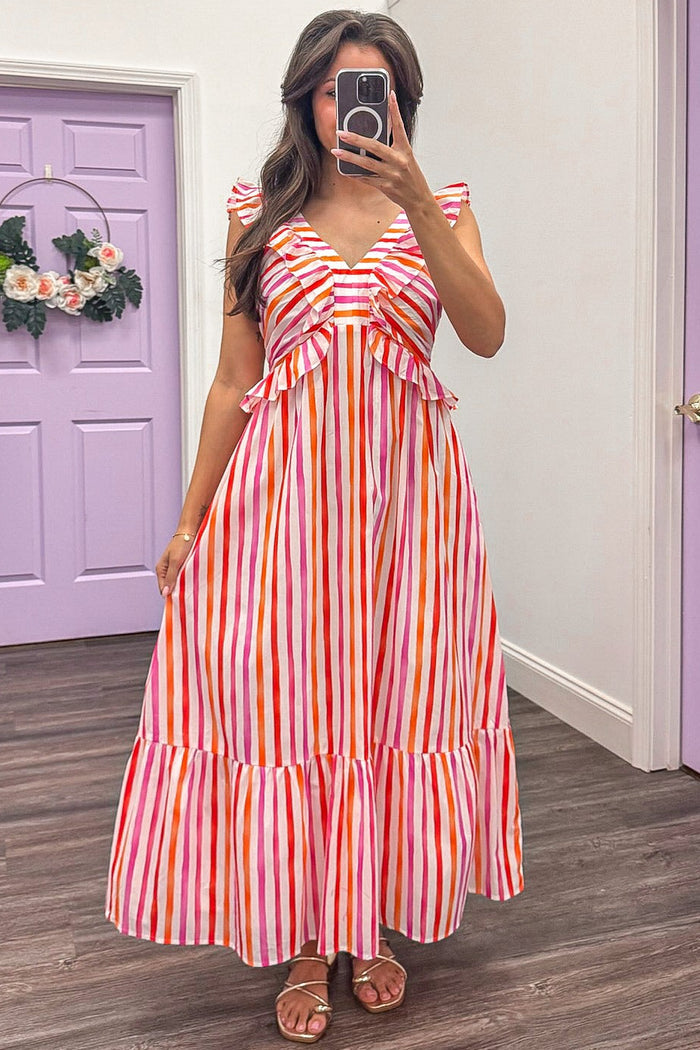 pink orange and white striped sleeveless midi dress