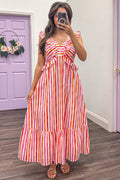 pink orange and white striped sleeveless midi dress