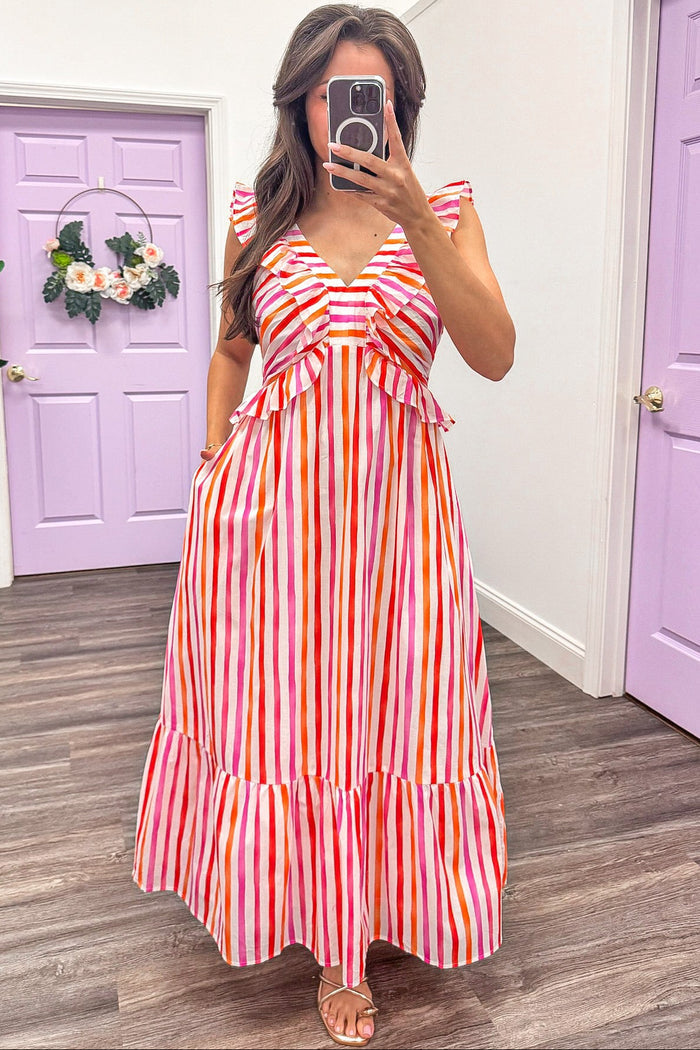 pink orange and white striped sleeveless midi dress with side pockets