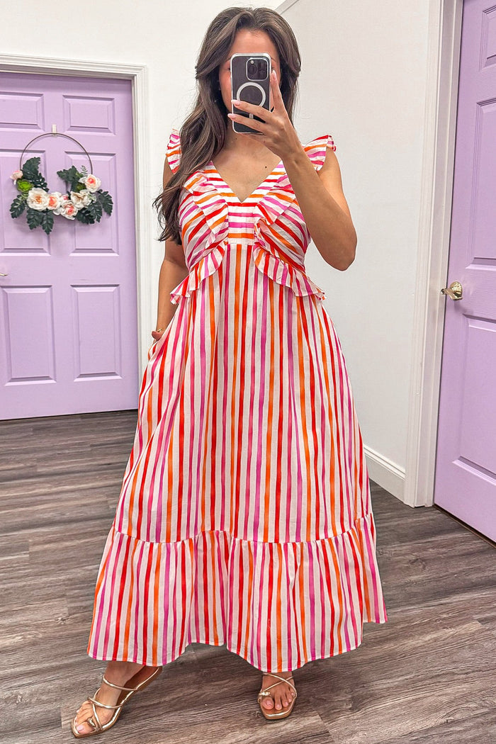 pink orange and white striped sleeveless midi dress with ruffled bodice details