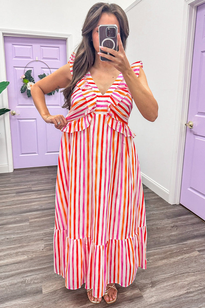 pink orange and white striped sleeveless v neckline midi dress