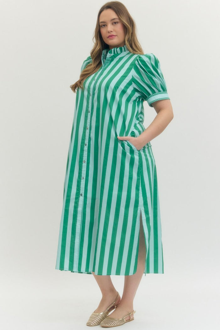 Entro green and mint striped button down poplin midi dress in plus size with side slit
