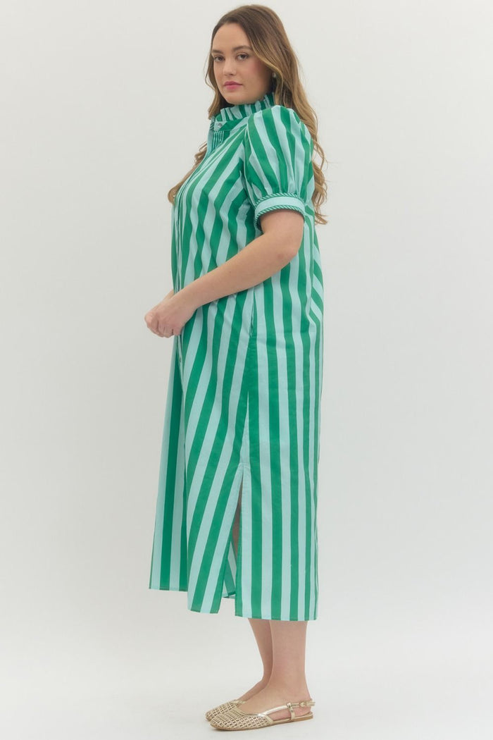 Entro green and mint striped button down poplin midi dress in plus size showing side silhouette