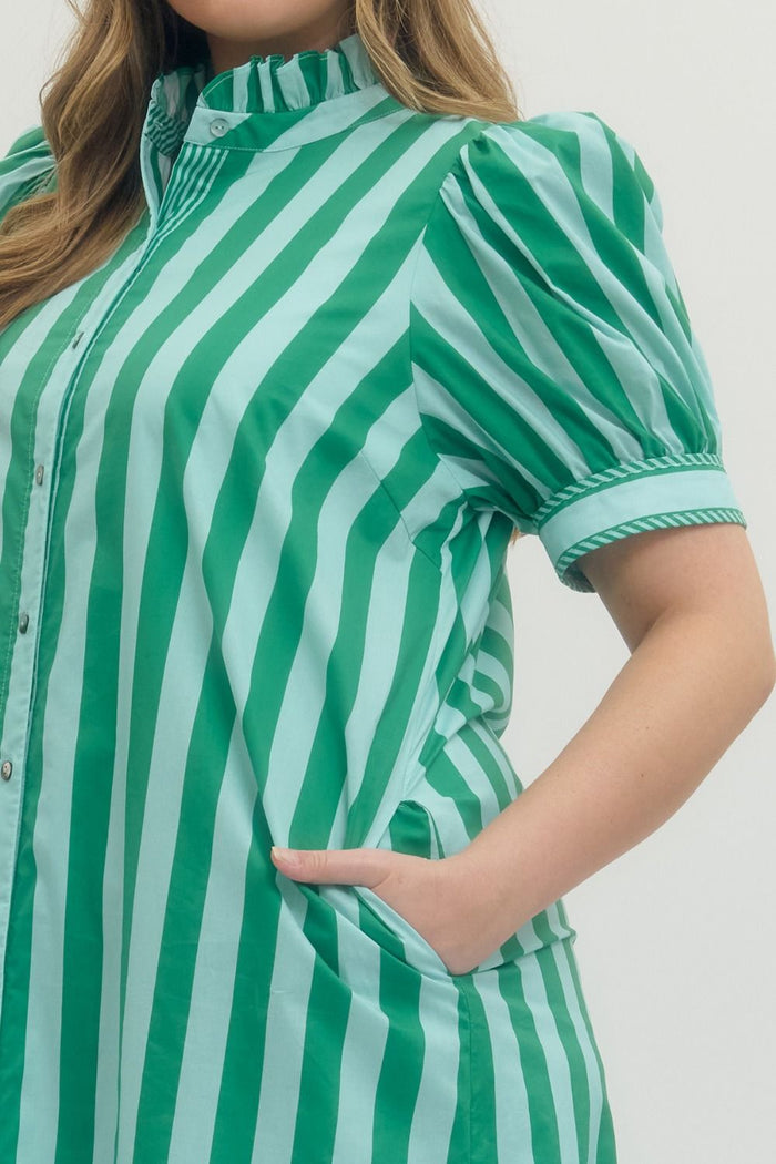 Entro green and mint striped button down poplin midi dress in plus size close up view of pocket