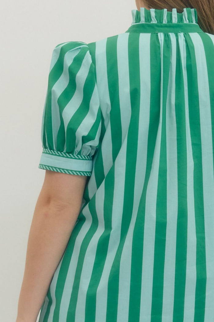 Entro green and mint striped button down poplin midi dress in plus size showing close up detail of puff sleeve in back