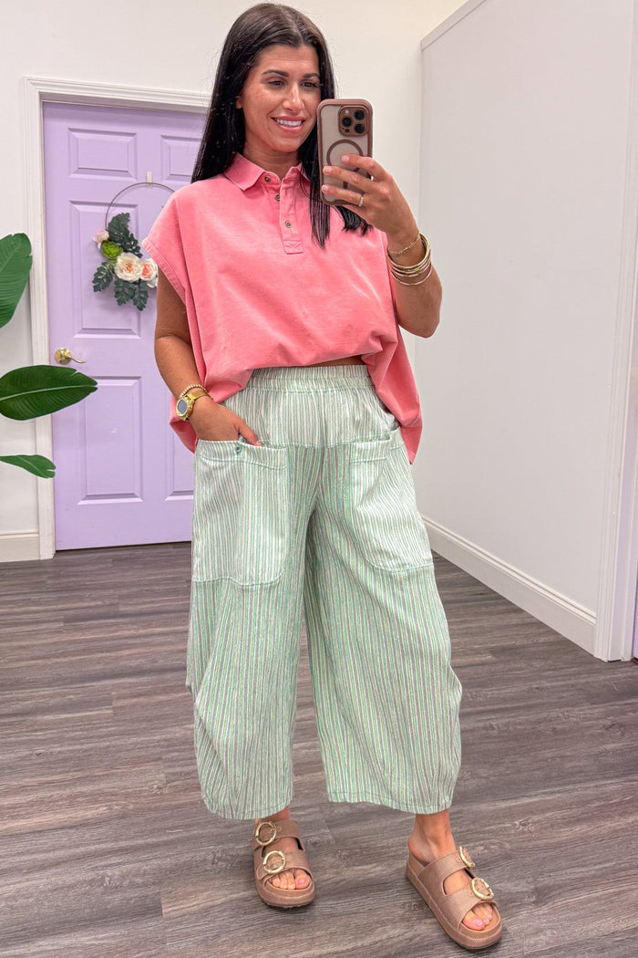 mint yellow and pink vertical striped barrel leg cotton pants