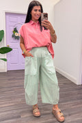 mint yellow and pink vertical striped barrel leg cotton pants