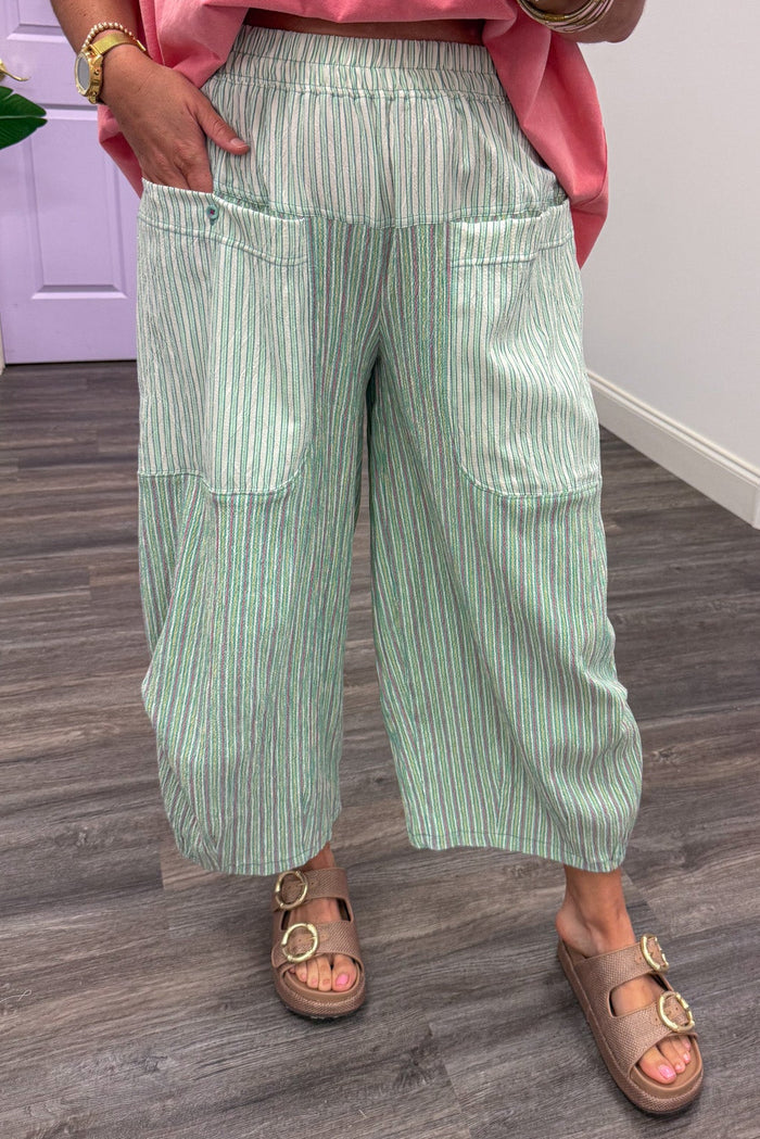 mint yellow and pink vertical striped barrel leg pants with front patch pockets