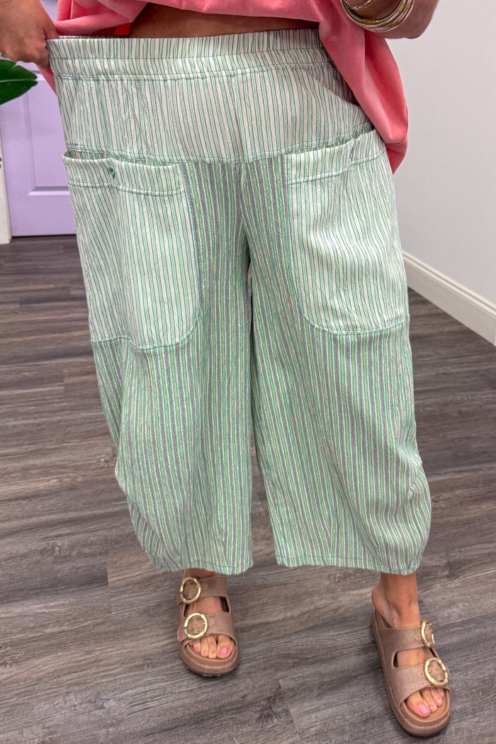 mint yellow and pink vertical striped elastic waistband barrel leg cotton pants