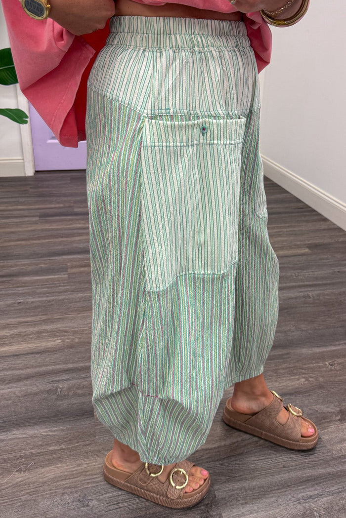 mint yellow and pink vertical striped relaxed silhouette barrel leg cotton pants