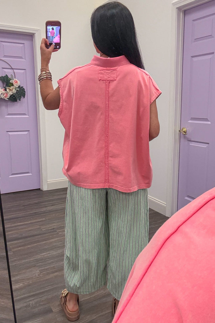 mint yellow and pink vertical striped wide barrel leg cotton pants