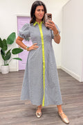 navy and white striped lime trim button front short sleeve midi dress