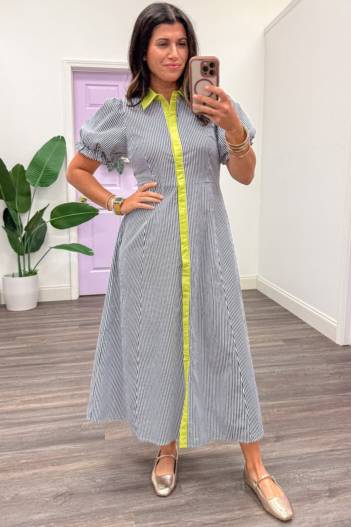navy and white striped lime trim button front short sleeve midi dress