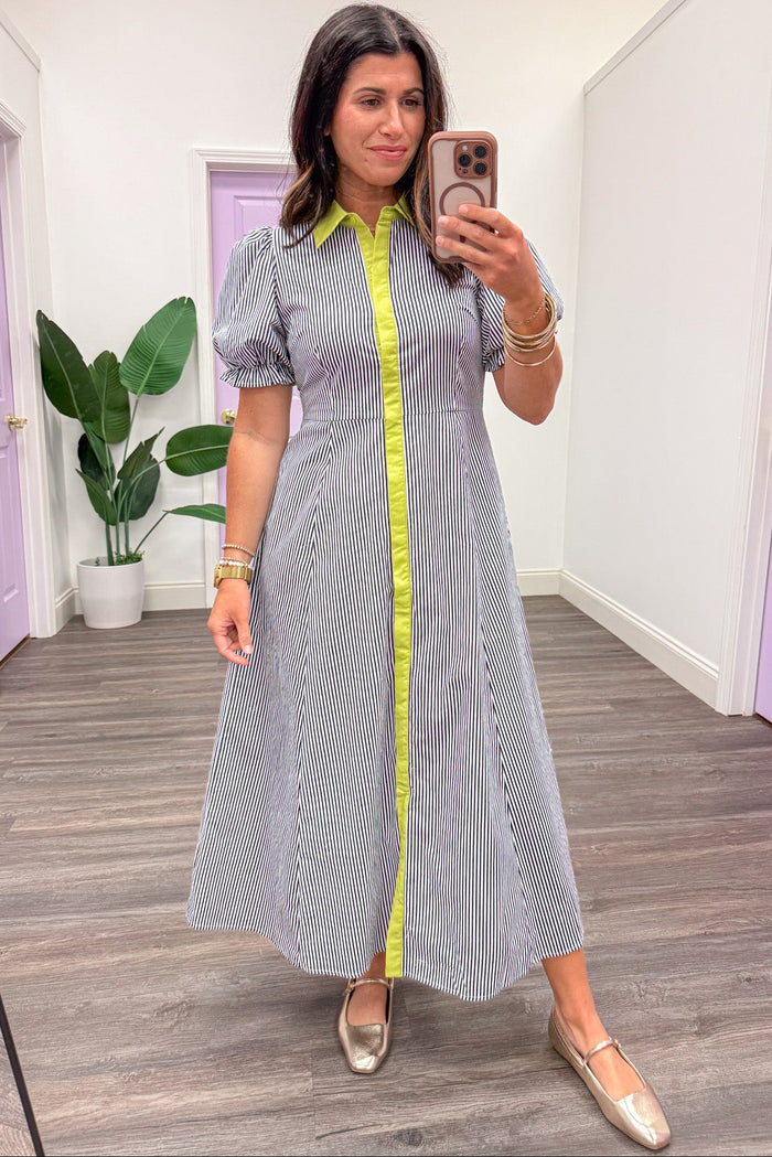 navy and white striped lime trim button front short puff sleeve midi dress