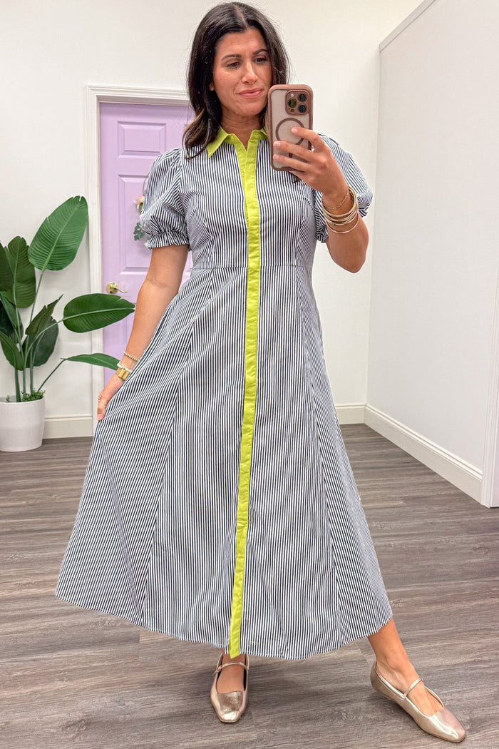 navy and white striped lime trim button front short sleeve cotton midi dress