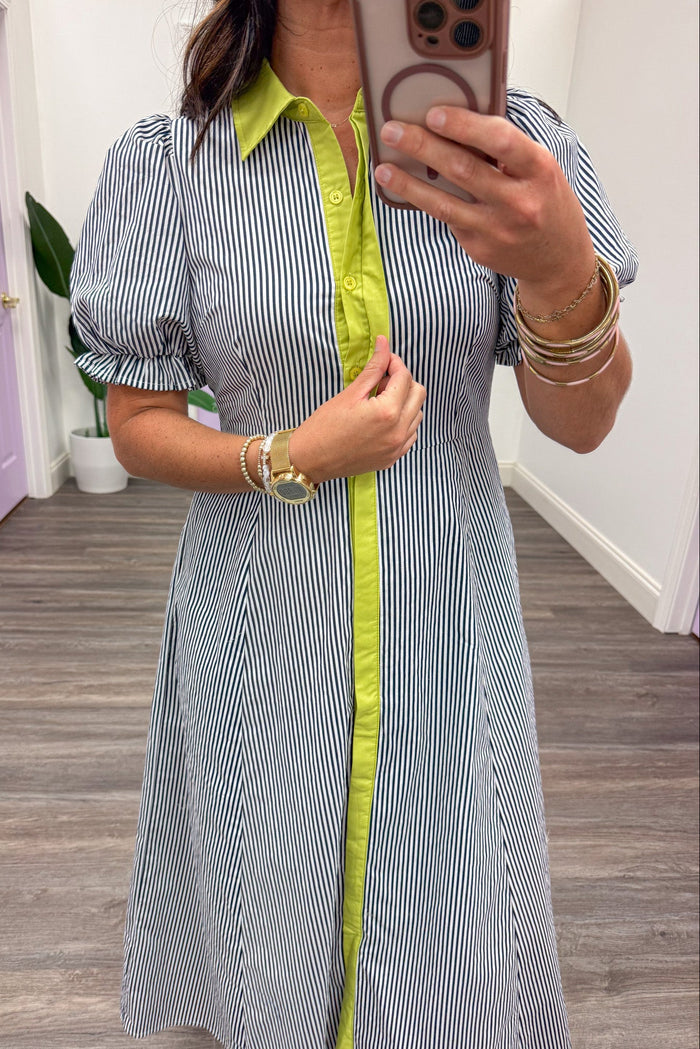 navy and white striped concealed button front short sleeve midi dress
