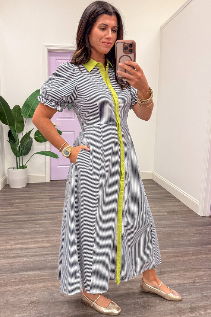 navy and white striped lime trim button front midi dress with side pockets