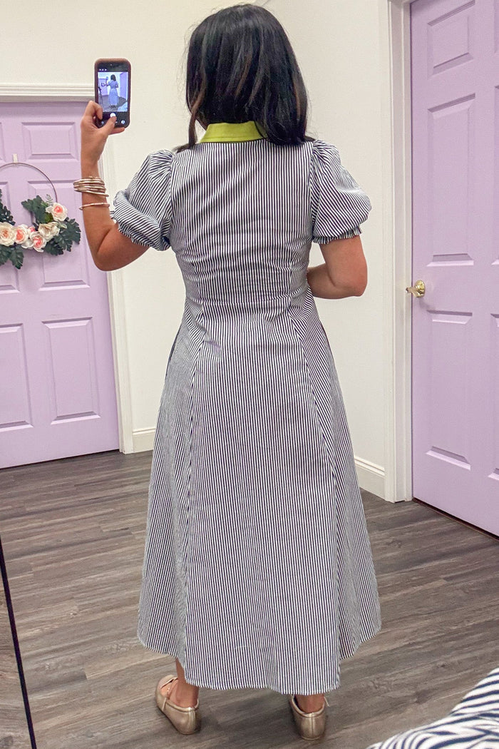 navy and white striped button front cuffed short sleeve midi dress