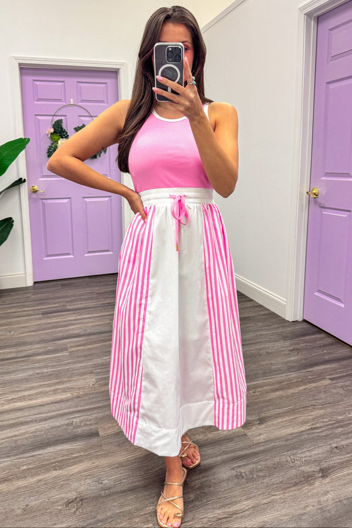 Pink ribbed white striped drawstring skirt colorblock midi dress