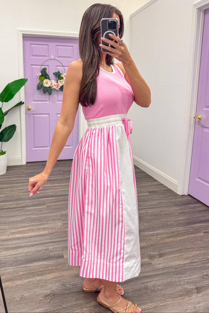 Pink ribbed white striped colorblock crew neckline midi dress