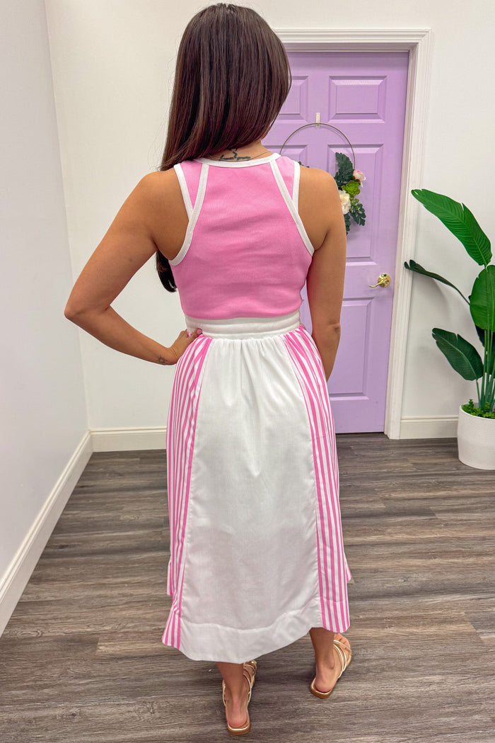 Pink ribbed top white striped skirt colorblock midi dress back view